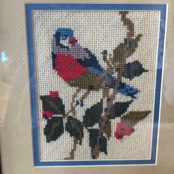 Vintage Handmade Needlepoint Bird on a Branch -Framed - Picture 3 of 14